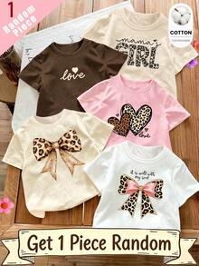 (Random Pattern, Randomly Ships 1 Of 5) Girls' Fashion Creative Fresh Leopard Print Bow Design Fun Letter Pattern Printed Basic Short Sleeve T-Shirt - Pink - View 1