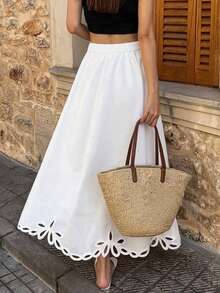 Vaclyn Women's Casual Vacation Style Embroidered Hollow Out Midi Skirt - White - View 2