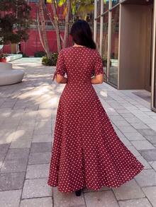 Celisse Women's Deep V-Neck Polka Dot Casual Romantic 1950s Vintage Party Vacation Travel Dress White Polka Dot Summer - Red - View 2