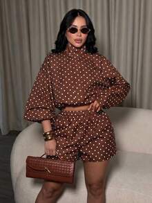 SOLERSUN Women's Chic Retro Polka Dot Long Sleeve Zip Drawstring Jacket & High Waist Shorts Matching Set (Random Floral) - Brown - View 4