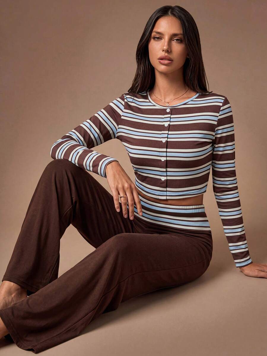 Lazeform Women's Striped Print Fitted Round Neck Long Sleeve Pants Pajama Set - Brown - View 1