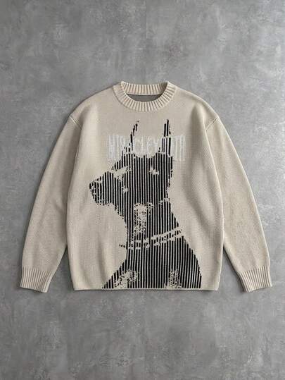 Manfinity ZONE917 Autumn/Winter New Personalized Sleeve Zipper Jacquard Dog Pattern Pullover Long Sleeve Men's Sweater Back-To-School Grey Holiday Streetwear