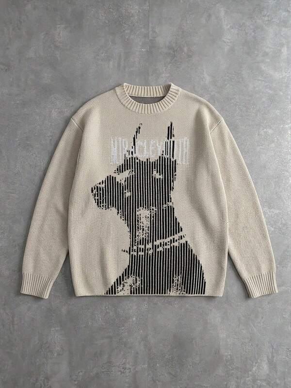 Manfinity ZONE917 Autumn/Winter New Personalized Sleeve Zipper Jacquard Dog Pattern Pullover Long Sleeve Men's Sweater Back-To-School Grey Holiday Streetwear