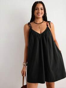 Freevana Plus Size Solid Color Cami Strap Vacation Casual Boho Dress Beach Vacation Black Summer - Black - View 8