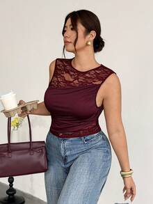 Firerie Große Größen Lila-Rot Rundhals Ärmellos Hoch-elastisch Spitze Patchwork 2 in 1 Tanktop / Geraffte Taille Schlankmachend Elegant für den Arbeitsweg - Rot-violett - Übersicht 3