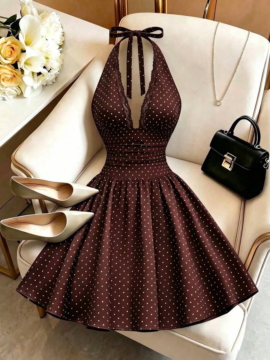 GlowEve Women's Halter Neck Sleeveless Waist-Cinching A-Line Short Dress, Bow Tie, Brown And White Polka Dot Pattern, Textured Fabric, Summer Elegant Holiday - Burgundy - View 1