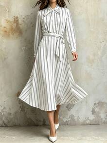 Franclia Elegant Striped Bowknot Collar Long Sleeve Waist Cinched Dress - White - View 1