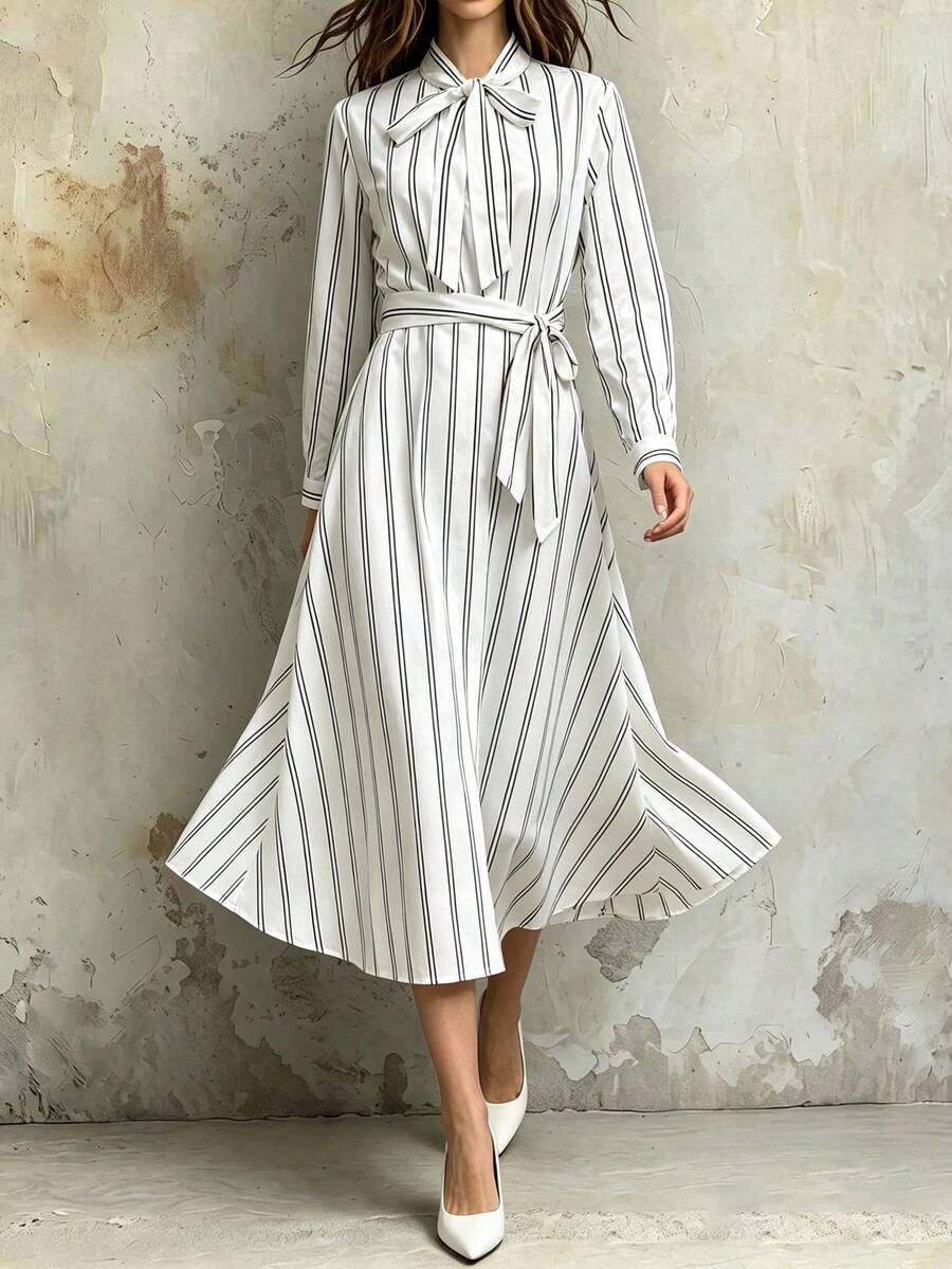 Franclia Elegant Striped Bowknot Collar Long Sleeve Waist Cinched Dress - White - View 1