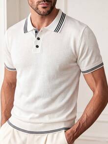 Manfinity Dauomo Black And White Checkered Collar Knit Polo, Preppy Casual Style, Summer, Daily Commute, Dating Street Vacation T Golf - White - View 1
