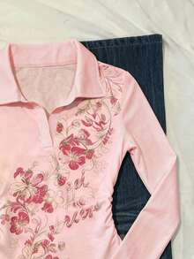 IslaSuriya 女款 POLO 領修身 T 恤，休閒極簡優雅風，適合日常休閒穿著，長袖上衣，春/秋季新款時尚花卉圖案上衣 - 彩色 - 查看 4