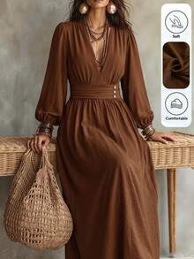 Linhara CURVE Plus Size Women Brown Textured Ruched V-Neck Petal Sleeve Long Casual Elegant Dress Fall - Coffee Brown - View 1