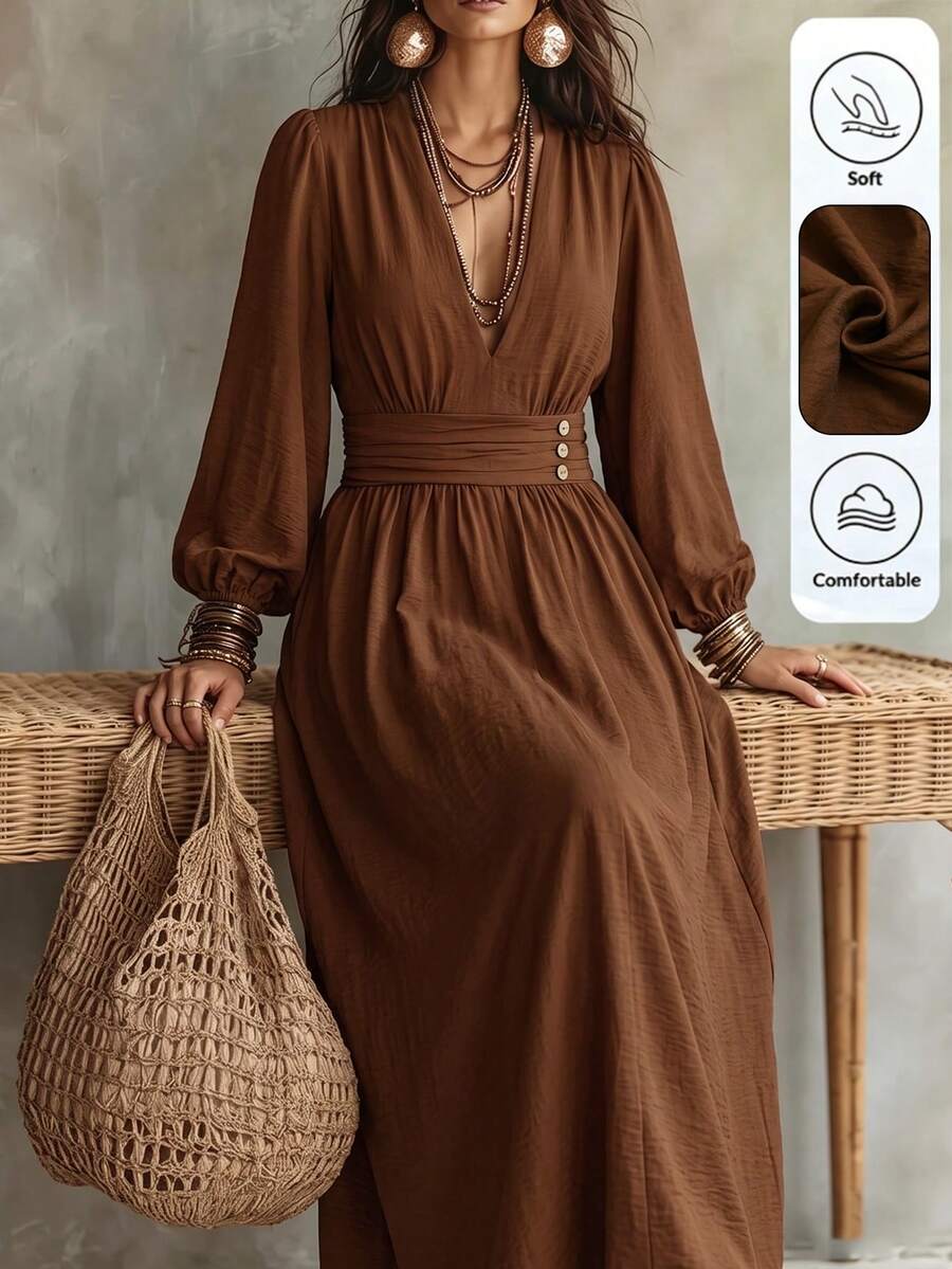 Linhara CURVE Plus Size Women Brown Textured Ruched V-Neck Petal Sleeve Long Casual Elegant Dress Fall - Coffee Brown - View 1