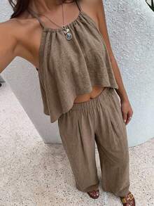 DAZY Women's Summer Casual Vacation Mocha Brown Two Pieces Sets Solid Color Front Short Back Long Jumpsuit With Wide Leg Pants Set Lounge Short Sets - Khaki - View 9