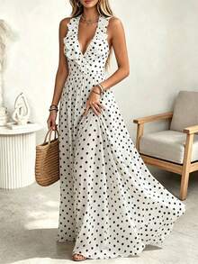 SHEIN PariChic Women's Patchwork Ruffle Polka Dot Print Halter Neck Elegant Dress - Black and White - View 4