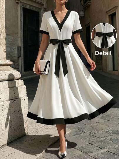 SHEIN French Elegant Commuter Minimalist Women's Dress V-Neck Belt Waist-Cinching Fitted Short Sleeve White Contrast Color Long Dress