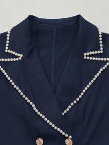 SHEIN Women's Faux Pearl Decor Double-Breasted Elegant Mature Sleeveless Short Dress Dinner Office Navy Blue Summer - Navy Blue - View 3