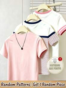 (Random Pattern, 1 Pc Random) Girls' Fresh Daily Striped Knight Heart Pattern Shiny Ribbon Bow Cherry Graphic Basic Short Sleeve T-Shirt - Pink - View 2