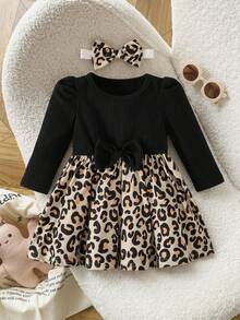 SHEIN Playful Pals 女嬰休閒豹紋圖案不對稱毛絨長袖羅紋洋裝，秋季 - 黑色 - 查看 5