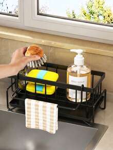 1PC Multi-Grid Sink Sponge Storage Rack With Towel Bar, Rustproof Metal Kitchen Sink Caddy Organizer, Drainable Countertop Holder For Dish Sponge Scrubber Steel Wool Soap, Space-Saving Kitchen Accessory For Sink Counter Tidying - one size fits all - View 8