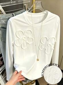Resyla Women's Floral Textured Round Neck Long Sleeve Casual T-Shirt - White - View 1
