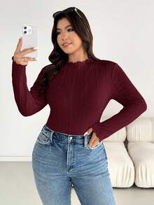 SHEIN Essnce تي شيرت خريف كاجوال بمقاس كبير لون موحد نسيج طويل الأكمام - عنابي اللون - مشاهدة 6