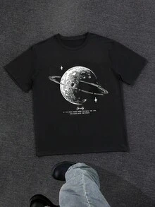 IslaSuriya 男士寬鬆版型短袖T恤，黑色宇宙星空印花圖案，休閒百搭，返校季，日常穿著，戶外風格 - 黑色 - 查看 3