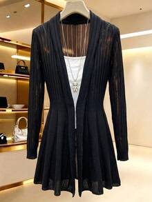 SHEIN LUNE Cardigan Rajut Panjang Sedang Berwarna Polos dengan Garis Vertikal, Pinggang Terikat, dan Ujung Bawah Melebar, Kasual, Elegan Gaya Prancis, Serbaguna, Cocok untuk Kantor, Warna Hitam, Musim Gugur - Hitam - View 2