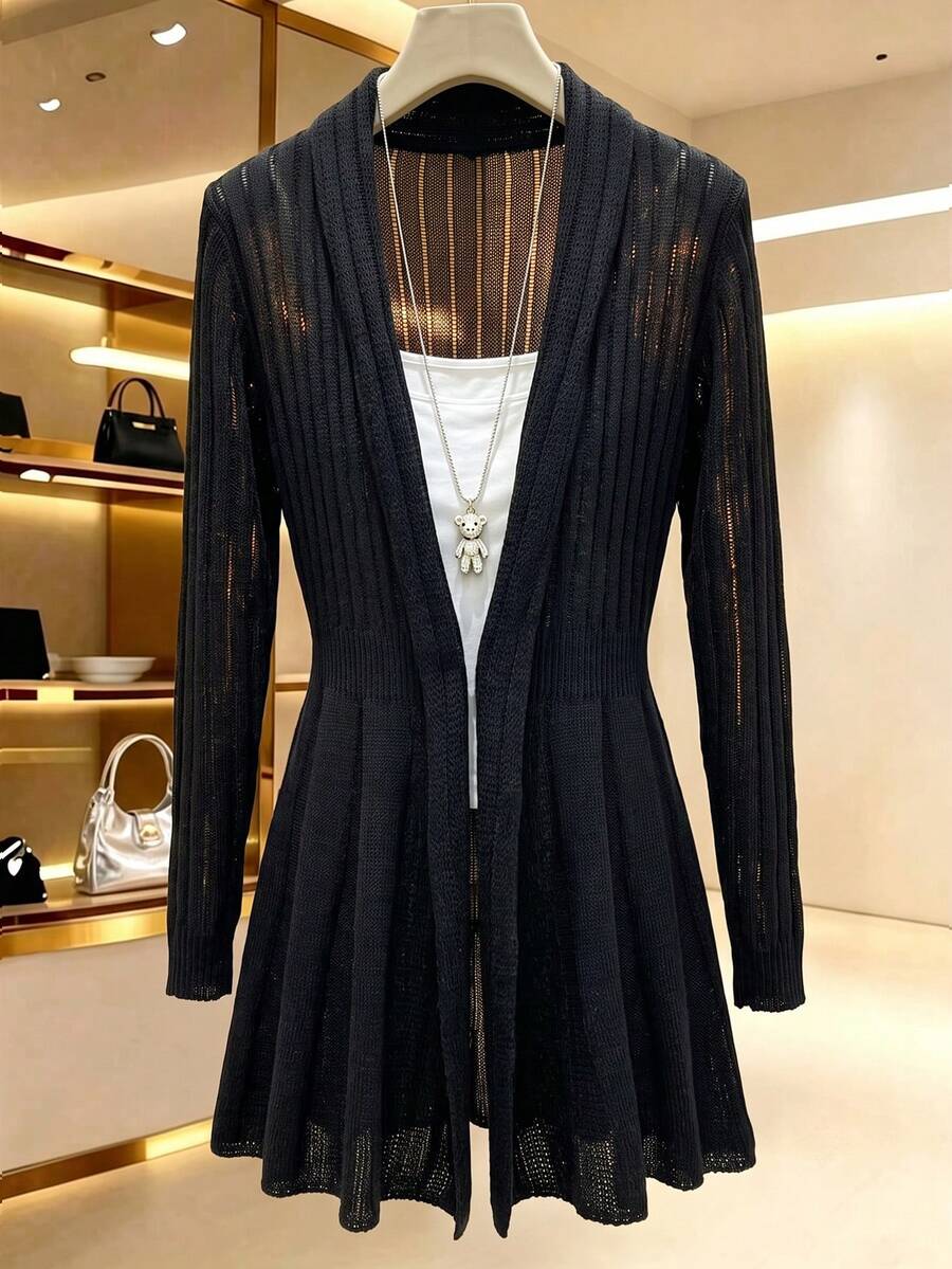 SHEIN LUNE Cardigan Rajut Panjang Sedang Berwarna Polos dengan Garis Vertikal, Pinggang Terikat, dan Ujung Bawah Melebar, Kasual, Elegan Gaya Prancis, Serbaguna, Cocok untuk Kantor, Warna Hitam, Musim Gugur