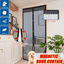 1pc Extra Large Magnetic Black Striped Mosquito Net Curtain, Summer Lace Design Magnetic Screen Door, Breathable & Easy Installation, Suitable For Living Room, Bedroom, Kitchen Divider Curtain, Curtain Decor - Door curtain - View 2