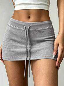 Avenya Low Waist Brushed Knit Ribbed Tie Mini Skirt Gym Light Grey Autumn Y2k Casual 2000s Fall/Winter Lounge - Grey - View 1