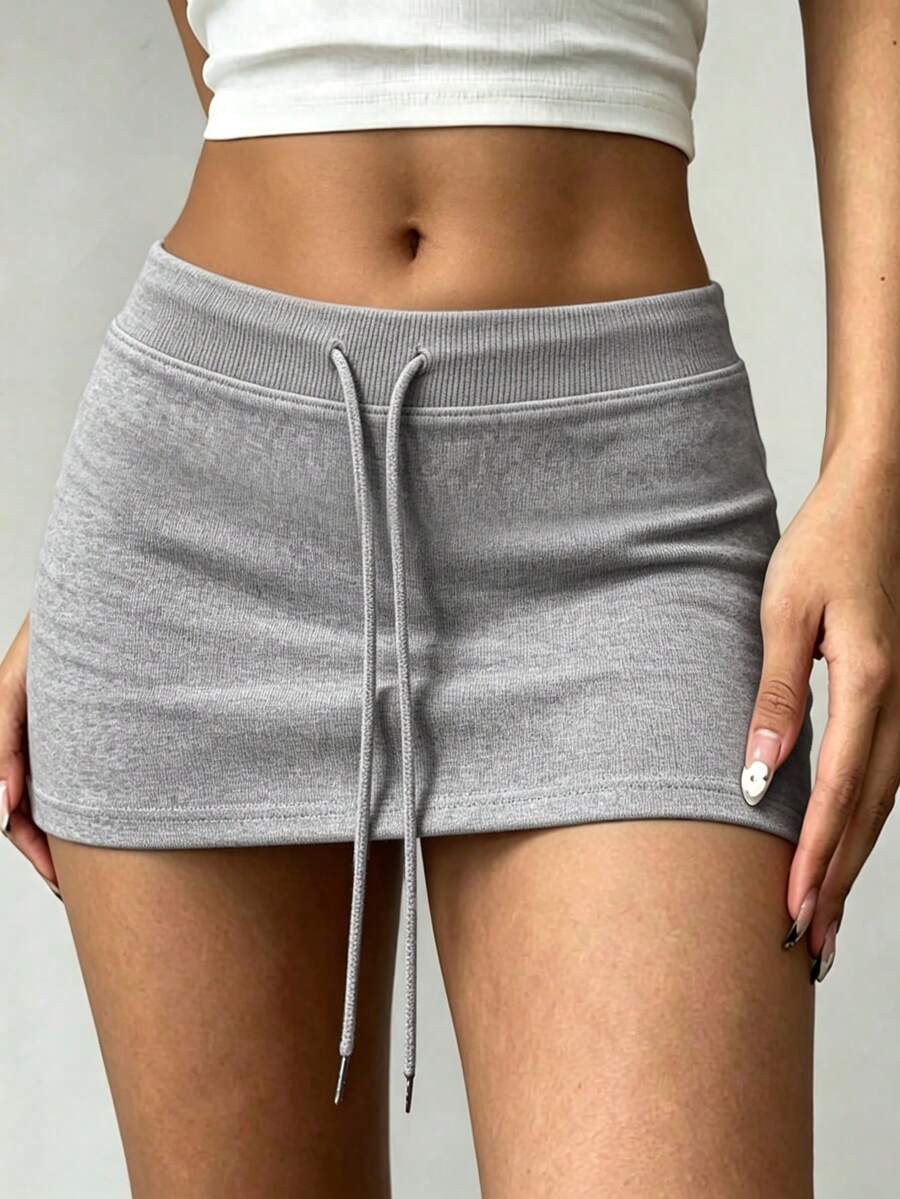 Avenya Low Waist Brushed Knit Ribbed Tie Mini Skirt Gym Light Grey Autumn Y2k Casual 2000s Fall/Winter Lounge - Grey - View 1