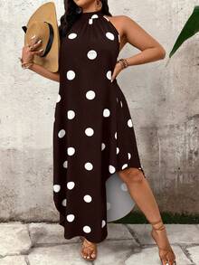 Breezaya Vestido casual elegante de verano para mujer talla grande con cuello con cremallera, sin mangas y estampado de lunares - Café integral - Ver 4