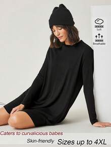 SHEIN BASICS فستان طويل الأكمام بلون موحد كاجوال غربي متعدد الاستخدامات مقاس كبير خريف رسمي عطلة أسود - الأسود - مشاهدة 4