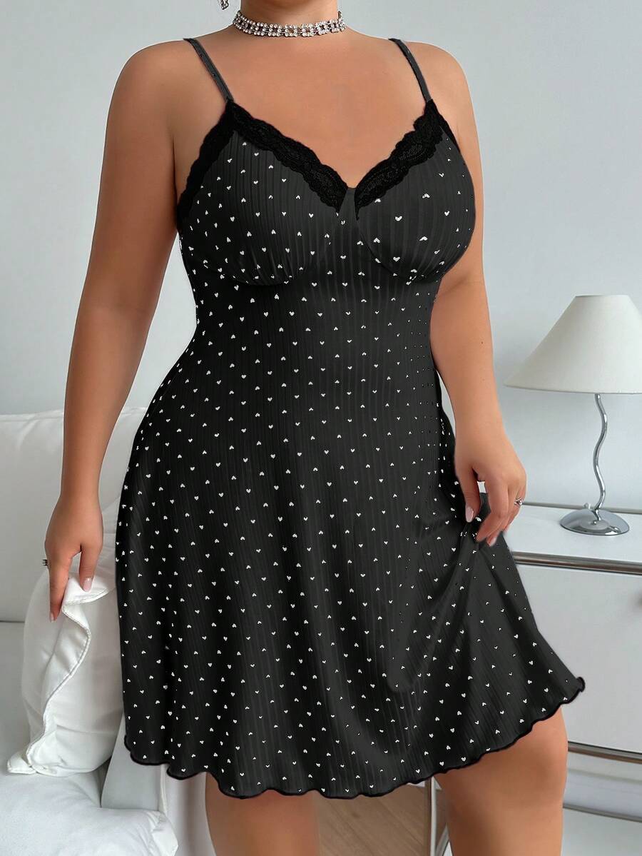 Dream Adore Contrast Color Lace Heart Print Plus Size Spaghetti Strap Nightgown - Black - View 1