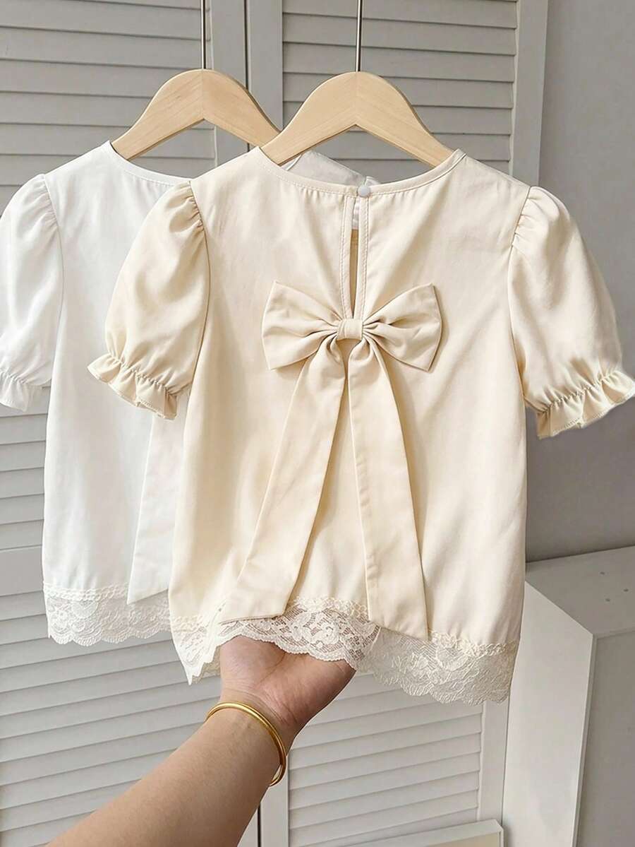 SHEIN 女孩長袖白色襯衫,刺繡蕾絲領口,舒適時尚優雅甜美,適合春夏季秋季日常與節慶穿著,亦適用於中東節慶 - 白色 - 查看 1