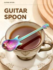 1 pieza Cuchara con forma de guitarra creativa de plata, adecuada para café, té, postres, helado - Utensilio de cocina de acero inoxidable, artículos de cocina, vajilla - Color - Ver 3