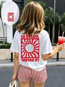 Tween Girl Fashion Creative Retro Letter & Sun Print Short Sleeve T-Shirt + Vertical Striped Shorts Set - Multicolor - View 4