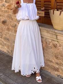 Vaclyn Women's Casual Vacation Style Embroidered Hollow Out Midi Skirt - White - View 6