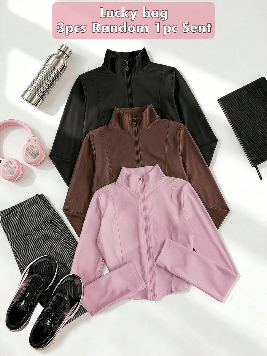 SHEIN Teen Girl Solid Color 3D Bone Line Stand Collar Zipper Front Slim Fit Long Sleeve Jacket,Random 1pc Sent - Pink - View 1