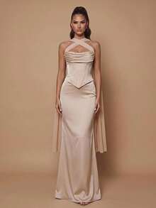 Glamrae Elegant Romantic Queen Cream Satin Strapless Cowl Neck Floor-Length Mermaid Gown Detachable Chiffon Drape Fall Homecoming Graduation Evening Christmas - Apricot - View 6