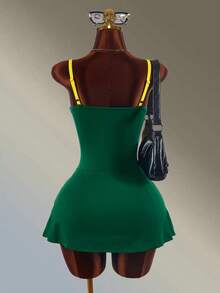 Amplova Women's Minimalist Letter Stripe Print Colorblock Camisole Sports Dress And Shorts Set Leisure Workout Green And Yellow Tennis Going Out Sexy Casual - Green - View 7