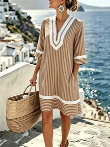 SHEIN Holidaya 女款長版露背度假洋裝，適合家庭度假、正式場合、秋季休閒，星空風格 - 卡其色 - 查看 2