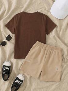 SHEIN Streecool Kids 男童撞色圆领短袖休闲衬衫套装，夏季 - 棕色 - 查看 2