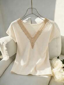 Franclia Women's Elegant Beige Summer T-Shirt,Lace-Collared Short-Sleeve Waffle Fabric Tops,Casual Vacation Tea Party Tops,Commuter Fashion Knit - Apricot - View 7