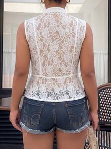 SHEIN EZwear 大尺碼女款蕾絲休閒百搭日常穿著襯衫 - 白色 - 查看 2