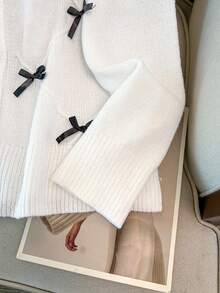 GlowEve CURVE Plus Size Elegant Asymmetrical Shoulder Contrast Color Long Sleeve Cardigan Sweater - White - View 5