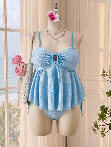 Bellisia Plus Size Women's Beach Vacation Front Tie Embroidered Tankini Set - Blue - View 1