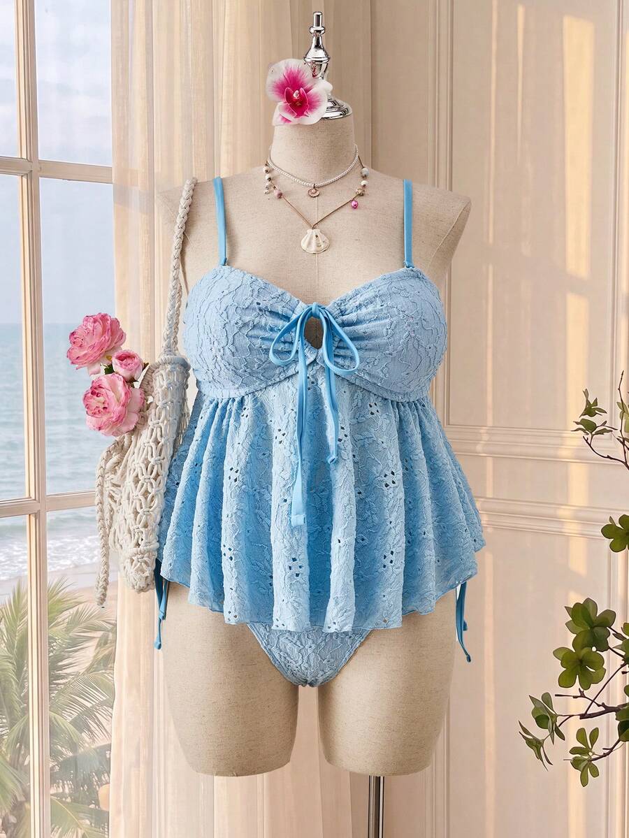 Bellisia Plus Size Women's Beach Vacation Front Tie Embroidered Tankini Set - Blue - View 1