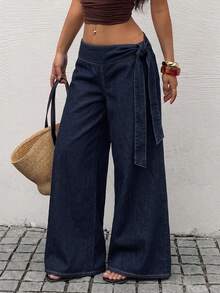 Rivivi Women's Fashion Tie-Up Daily Wear Washed Denim Wide Leg Pants - Dark Wash - View 3