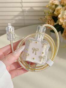 Set Pengisi Daya Mewah dengan Desain Pita Emas Mengkilap & Mutiara, Pengisi Daya 20W/18W, Pelindung Kabel Pengisi Daya, Penutup Kepala Pengisi Daya, Kompatibel dengan iPhone - Emas - View 3